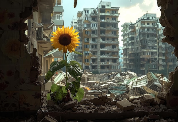 Sunflower grows in the ruins of destroyed city