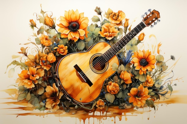 Sunflower and guitar Watercolor beige background Generative AI