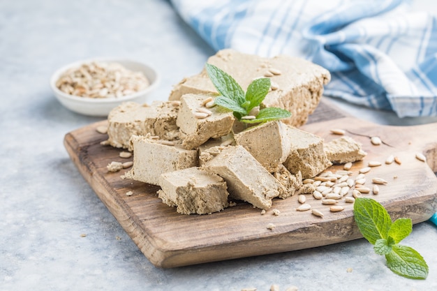 Sunflower halva close-up.  Sweet oriental dessert halva. Sweets for tea.