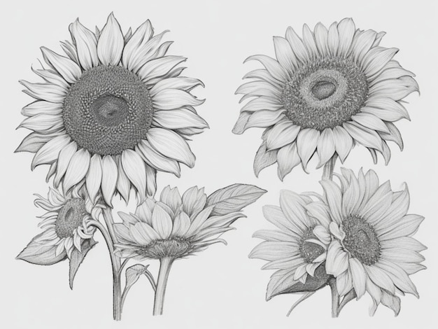 Sunflower hand drawn vector collection Floral ink pen sketch Black and white clipart Realistic