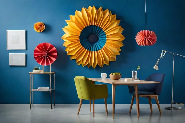 a sunflower hanging from a wall with a sunflower hanging from the ceiling.