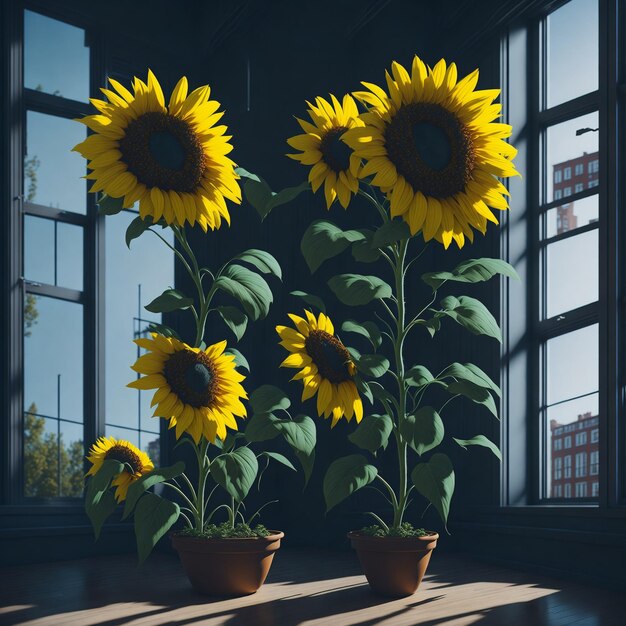 Sunflower inside a living room with big window in spring time sunflower from window