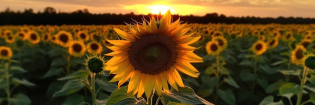 A sunflower is in a field at sunset.