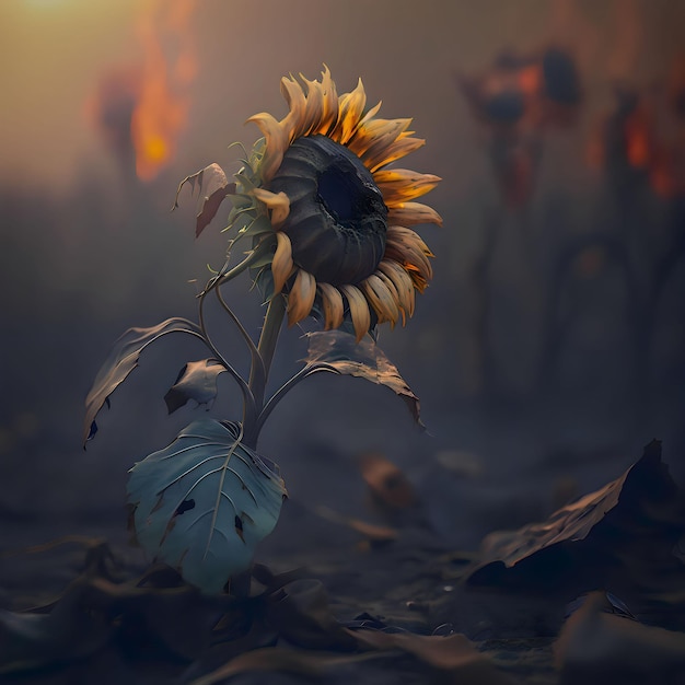 A sunflower is in a field with leaves on it.