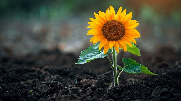 a sunflower is growing in the soil