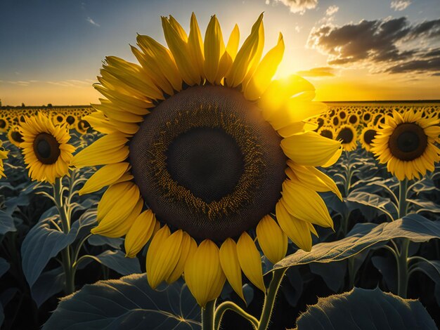 A sunflower is shown in the middle of a field