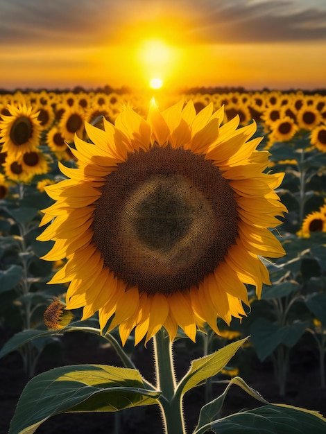 A sunflower is shown in the middle of a field