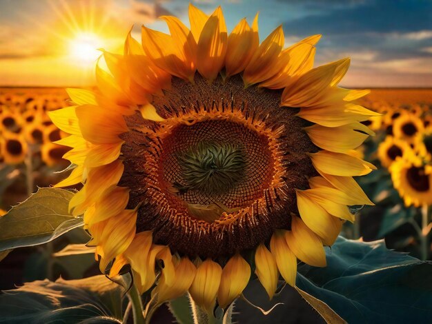 A sunflower is shown in the middle of a field