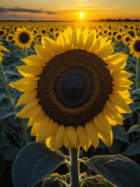 A sunflower is shown in the middle of a field