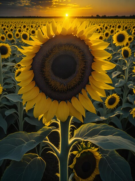 A sunflower is shown in the middle of a field