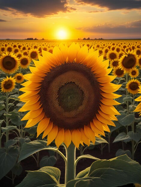 A sunflower is shown in the middle of a field