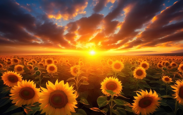 Sunflower meadow under the golden sun. generative ai