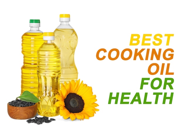 Подсолнечное масло как лучшее кулинарное масло для здоровья Текст и продукт на белом фоне