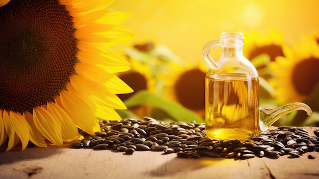 Sunflower oil in bottles with flowers of sunflower