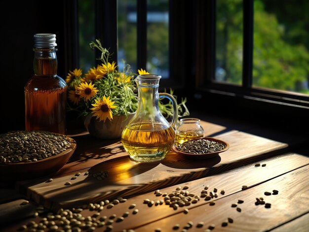 Sunflower oil in a decanter on a wooden table with seeds Generative AI