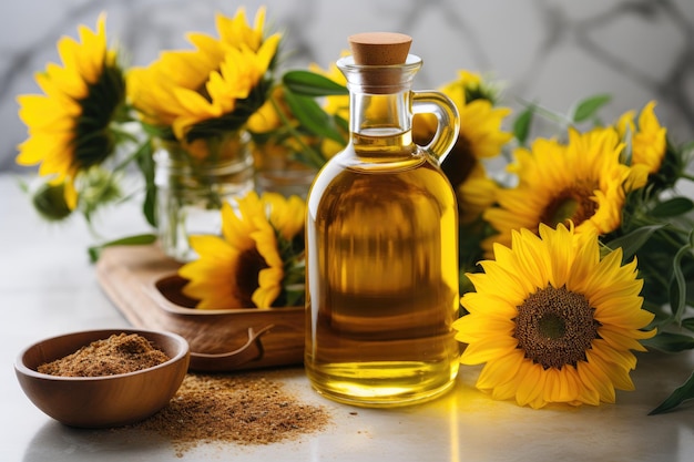 Sunflower oil extract on white marble background professional photography