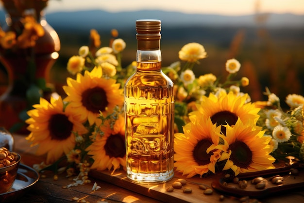ガラスのボトルに放たれた日<unk>油と,畑の背景に描かれた日<unk<unk>の花