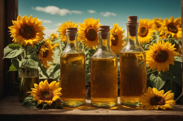 Sunflower oil in glass bottles with sunflowers on wooden background