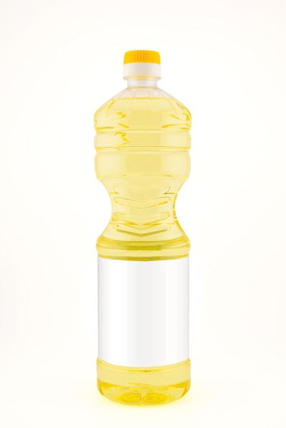Foto olio di girasole in bottiglia di plastica con spazio vuoto per l'etichetta