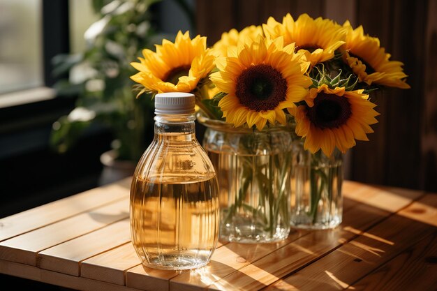 Sunflower oil plastic bottle on wooden table