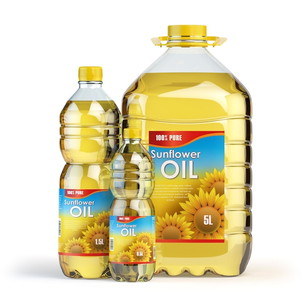 Sunflower oil in plastic bottles isolated on white