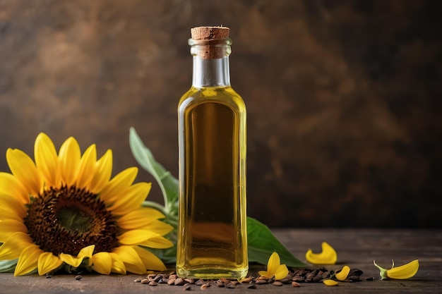 Foto olio di girasole e semi con fiori freschi