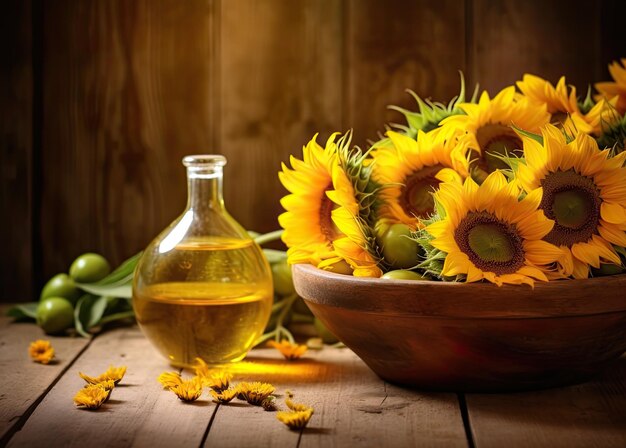 Sunflower oil and seeds on wooden table against blurred background space for text Created with Gener