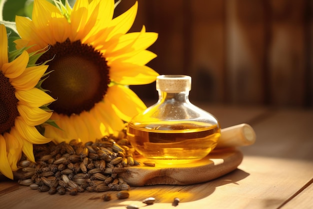 Sunflower oil and sunflower flowers