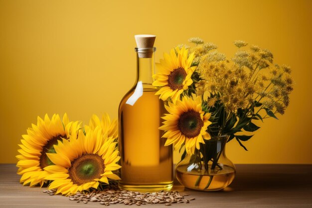 sunflower oil and sunflowers on background