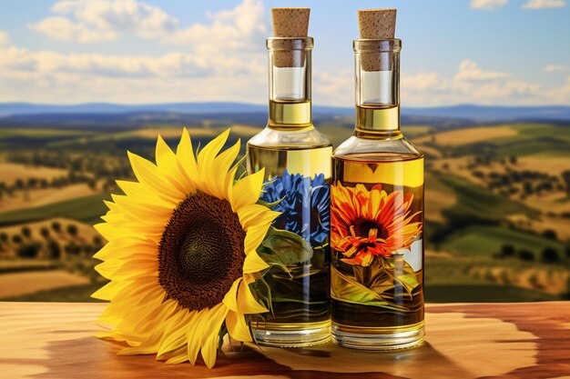 Sunflower oil and sunflowers on wooden table in Tuscany Italy