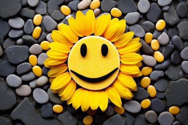 Sunflower petals arranged in the shape of a smiley face on a bench