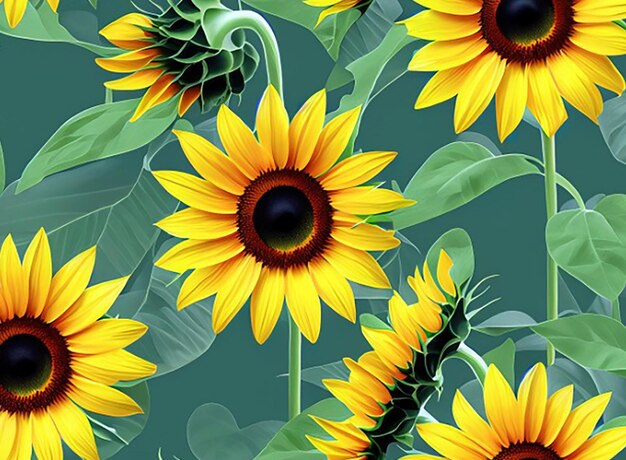 Sunflower seamless floral fabric pattern background inspired by a garden of blooming sunflowers