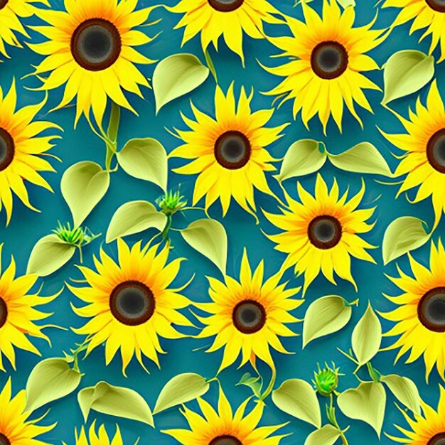 Sunflower seamless floral fabric pattern background inspired by a garden of blooming sunflowers