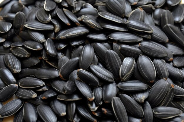 Sunflower seeds arranged in a pile on a wooden table Generative AI