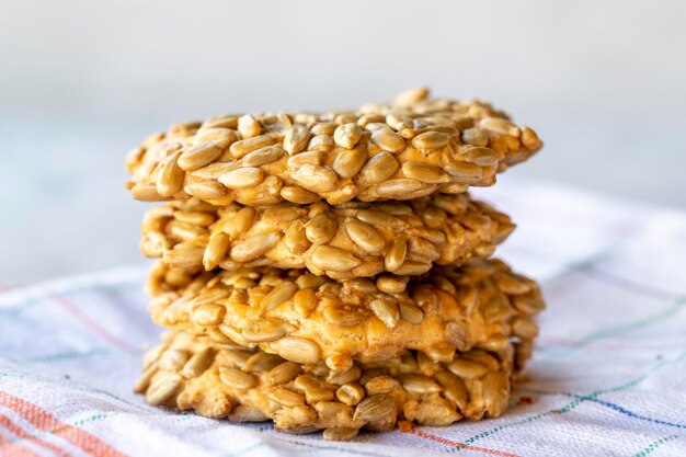 Sunflower seeds cookies Salty cookies on gray background close up