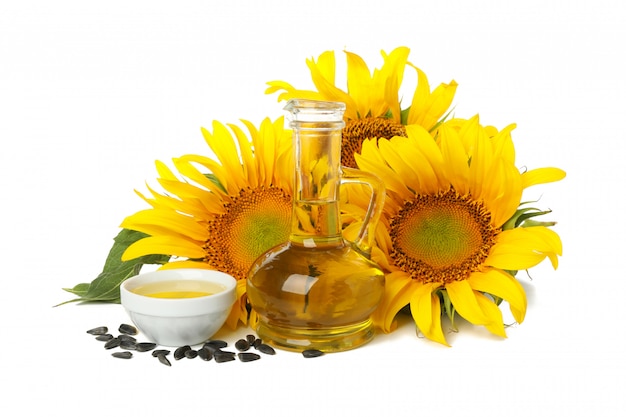 Sunflower, seeds and oil isolated