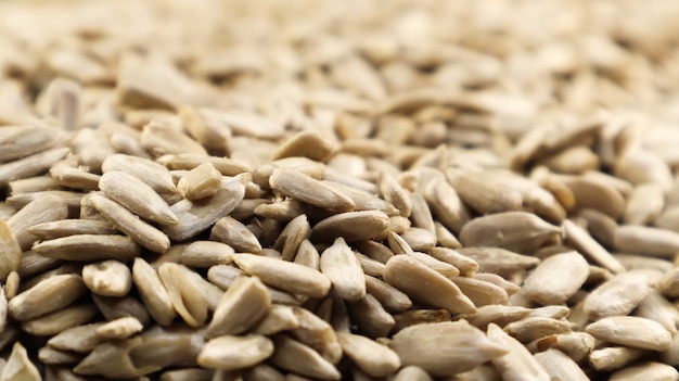 Sunflower seeds, peeled, without shell. Background of peeled not roasted seeds.