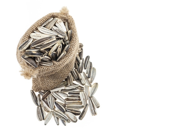 Sunflower seeds in sacks on white background