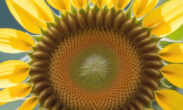 Sunflower seeds in spiral pattern with petals