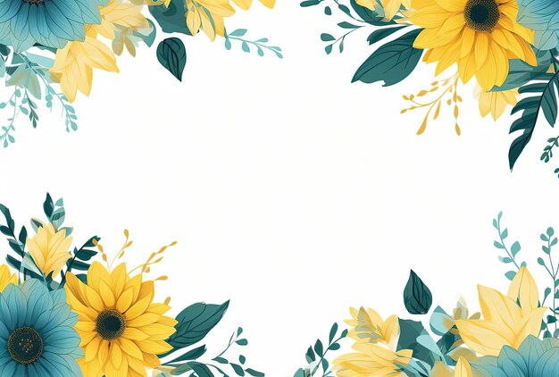 Sunflower square frame with flowering border on white background in the style of light yellow and