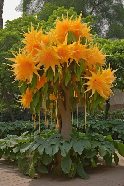 A sunflower tree with a large flower head.