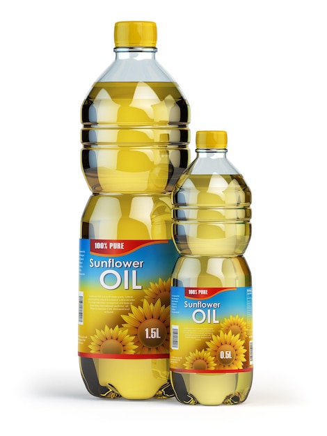 Sunflower or vegetable oil in plastic bottles isolated on white