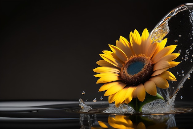 Photo sunflower over water with splash of water around it in a black and reflective environment generative