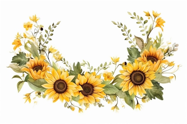 Sunflower watercolor floral frame isolated on white background banner