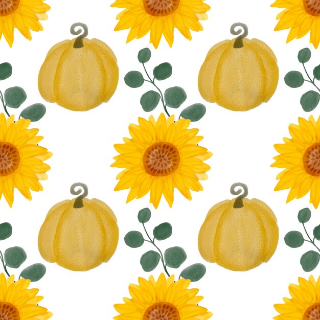 Sunflower watercolor seamless pattern with pumpkin. Yellow flowers garden farmhouse background.