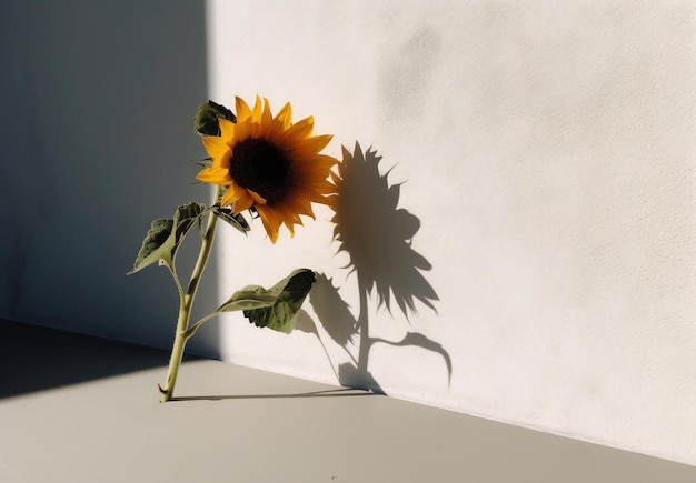 A sunflower on a white table with a shadow of a sunflower on it.