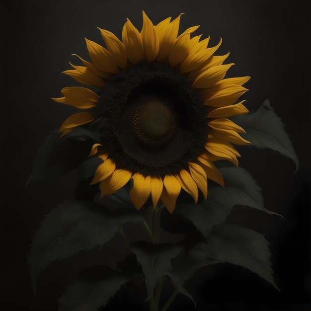 a sunflower with a black background with a yellow center.