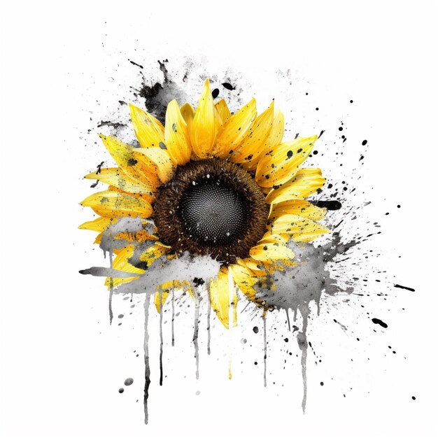 A sunflower with black and white paint splatters