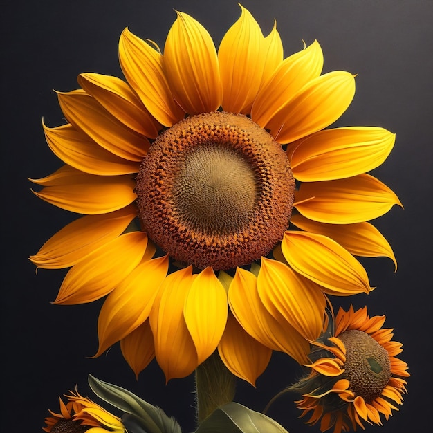 A sunflower with a brown center and a brown center.