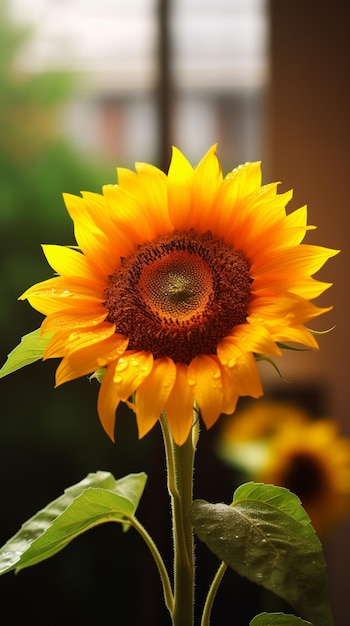 Sunflower with dew drops close up shallow dof